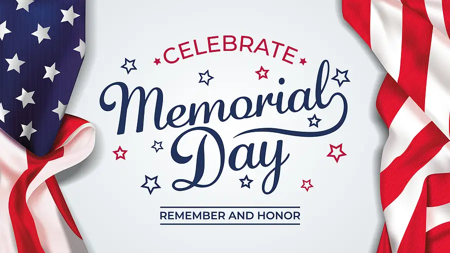 Celebrate Memorial Day graphic with red, white, and blue colors, featuring stars and the text "Remember and Honor."