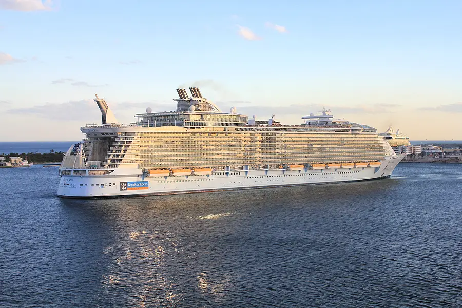 Royal Caribbean cruise ship Odyssey of the Seas sailing in Port Everglades, symbolizing the resumption of Caribbean cruises post-COVID-19 pandemic.