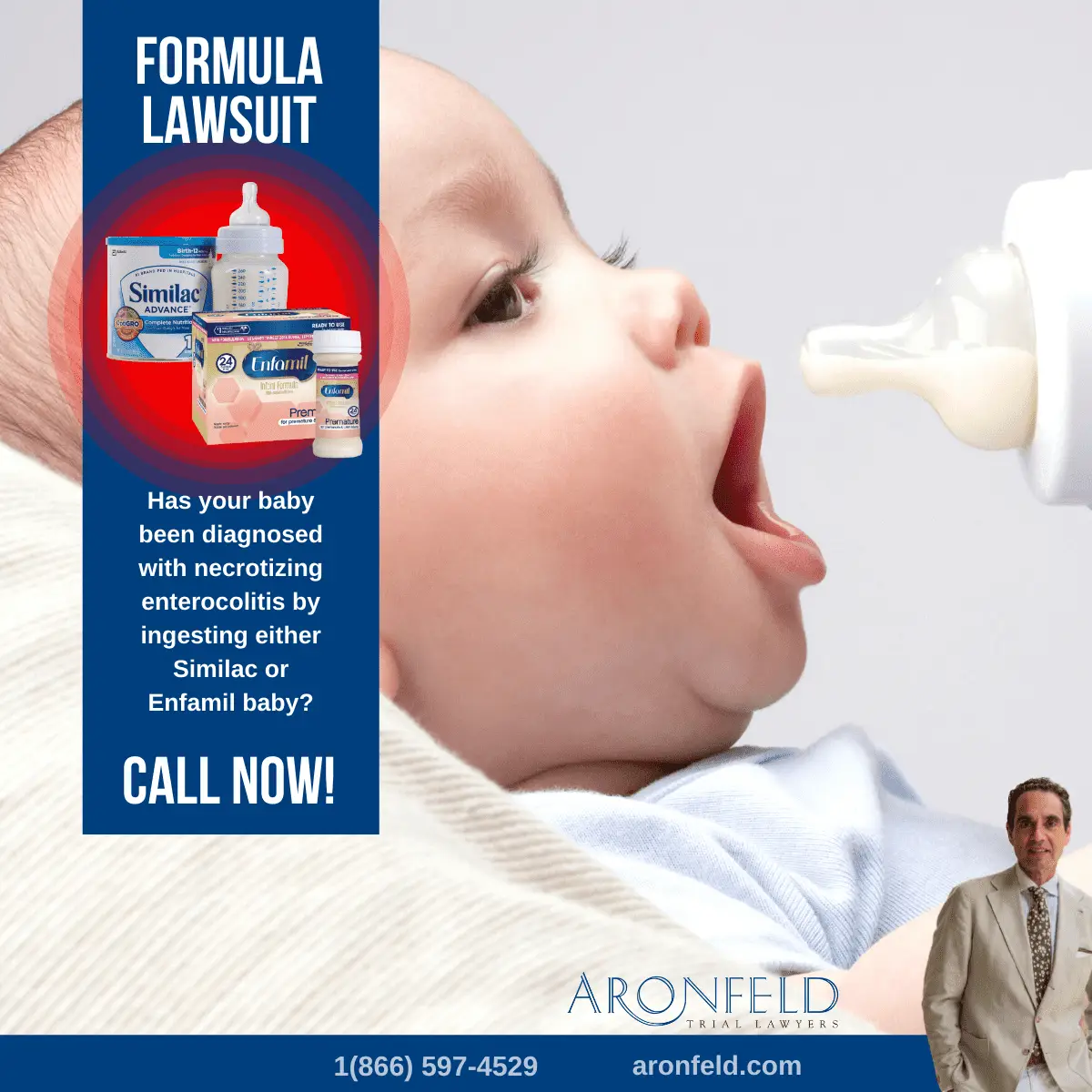 Baby drinking from a bottle with Enfamil and Similac formula packaging, highlighting potential necrotizing enterocolitis lawsuit information.