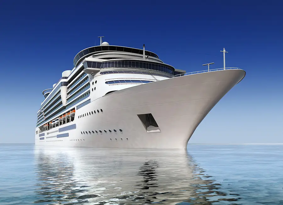 Large cruise ship at sea illustrating cruise ship injuries and maritime law.