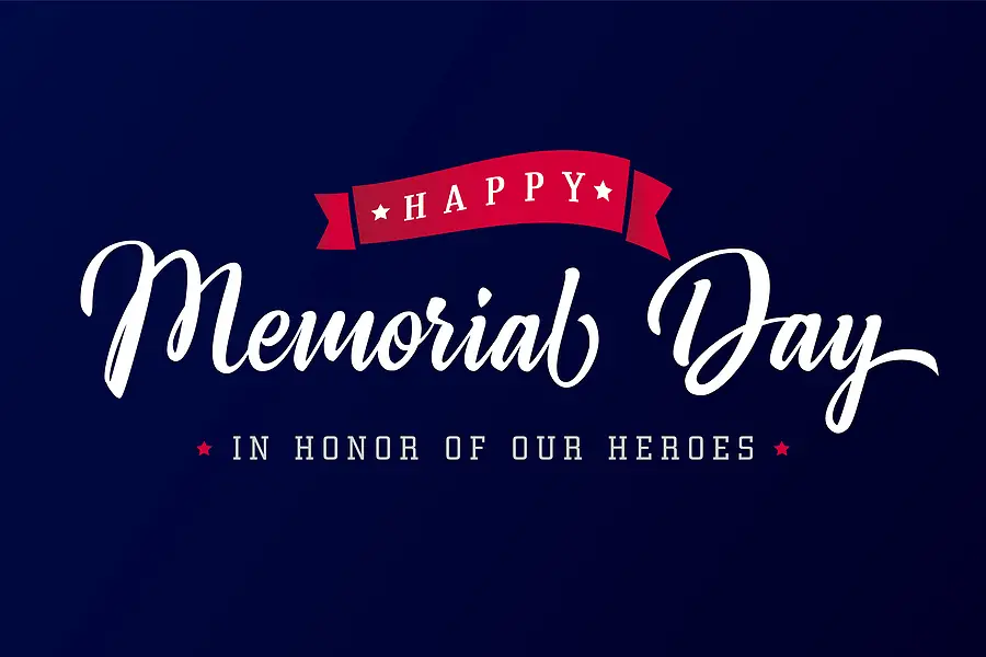 Happy Memorial Day lettering in honor of heroes, festive design with red and white accents on a dark blue background.