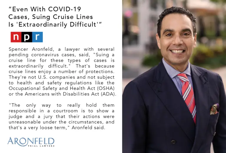 Spencer Aronfeld, maritime personal injury attorney, discussing challenges of suing cruise lines for COVID-19 cases, with NPR logo and Aronfeld Trial Lawyers branding.