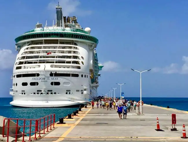 Cruise ship Freedom of the Seas docked in Puerto Rico with passengers disembarking at the port, illustrating cruise travel and maritime experiences.