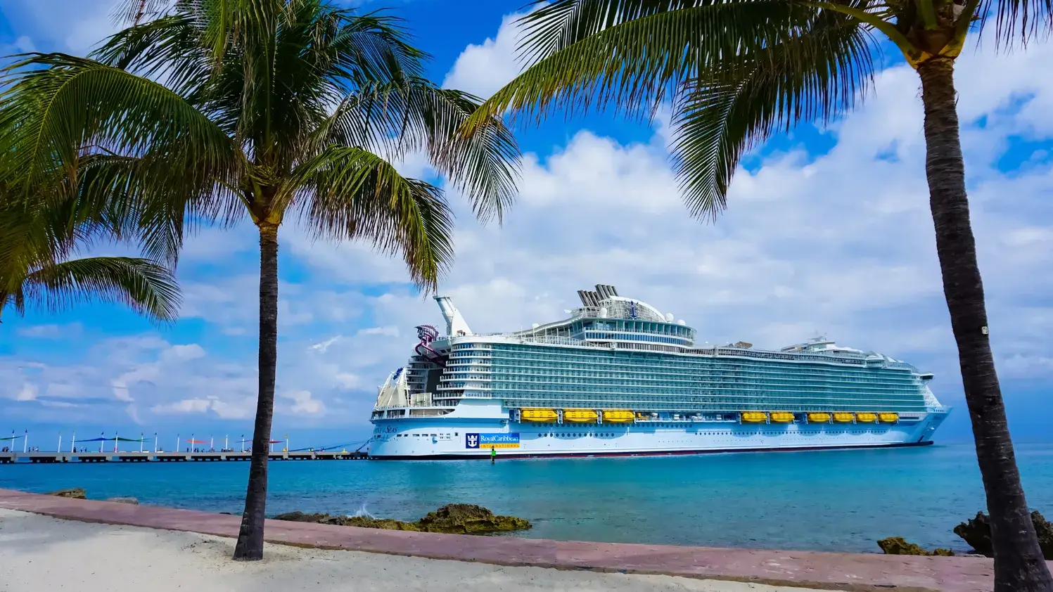 Royal Caribbean cruise ship docked in Caribbean waters with palm trees in foreground, highlighting resumed cruise operations post-COVID-19.