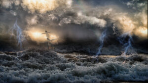 silhouette of sailing old ship in stormy sea with lightning bolt