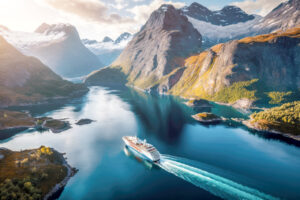 cruise ship from a higher altitude, giving us a better sense of the scale of the vessel and the vastness of the fjord. the ship is flanked by towering cliffs on either side. ai generative