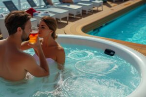 couple sipping cocktails in jacuzzi adjacent to cruise ship pool