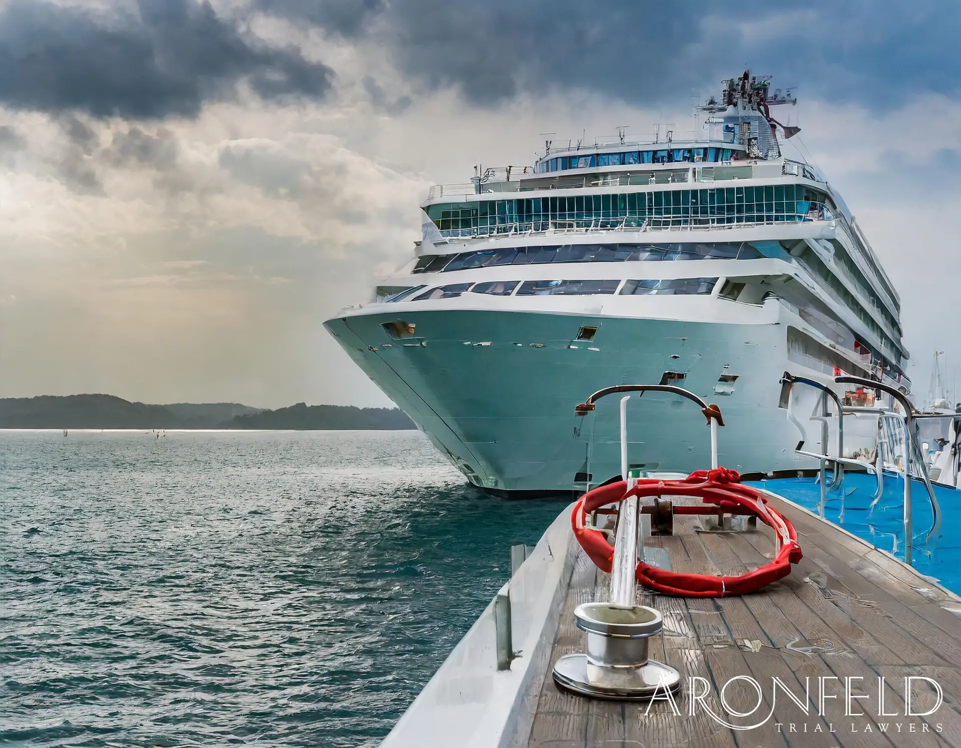 Cruise ship docked in harbor with visible safety equipment, representing maritime travel and legal implications for passengers.