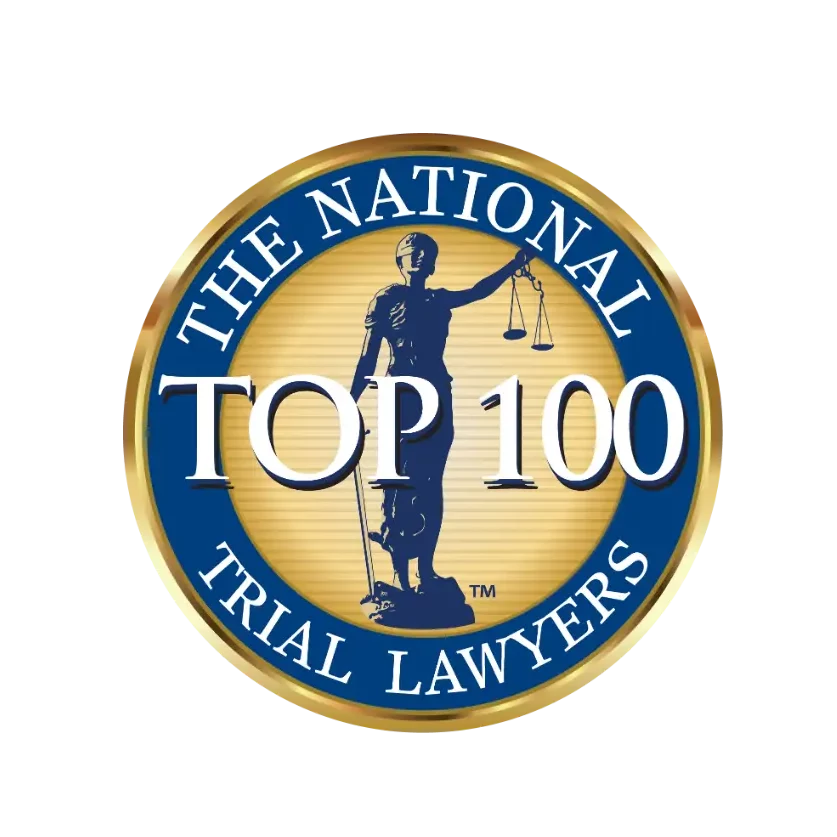 National Top 100 Trial Lawyers seal featuring a statue of Lady Justice holding scales, symbolizing excellence in legal representation, relevant to Aronfeld Trial Lawyers' personal injury expertise.