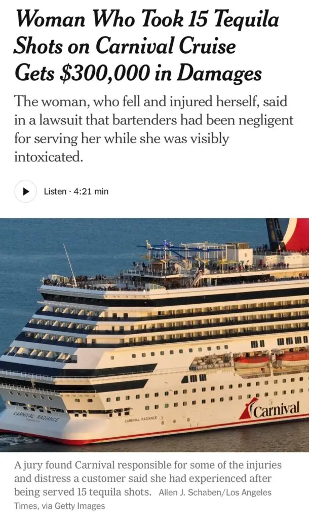 Carnival cruise ship with visible branding, highlighting issues of alcohol over-service and passenger safety in maritime legal cases.