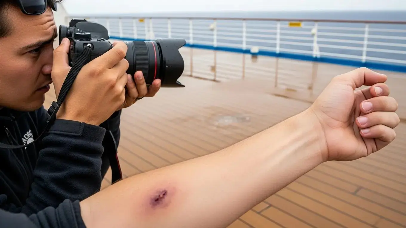 Individual documenting injuries on a cruise, focusing on preserving evidence for legal claims