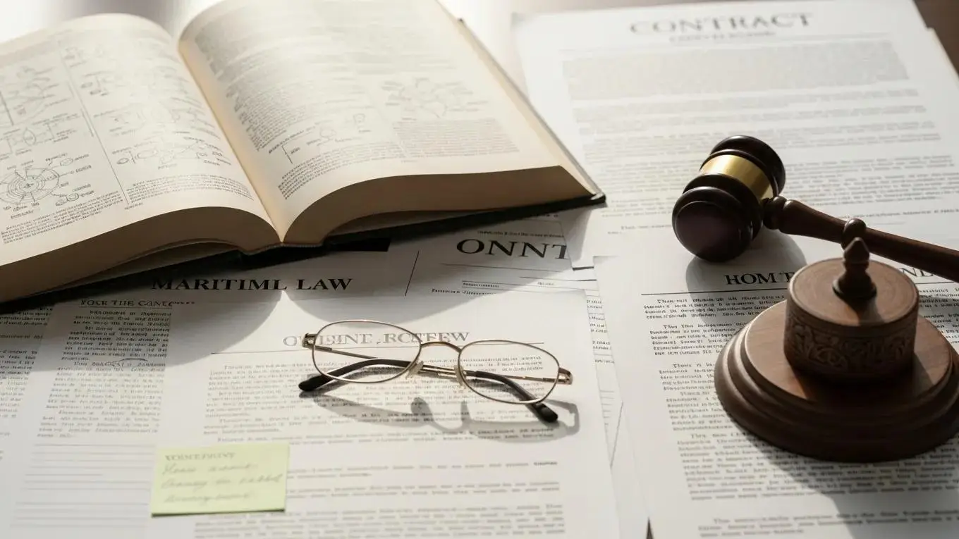 Legal documents and maritime law book illustrating the complexities of cruise ship accident claims