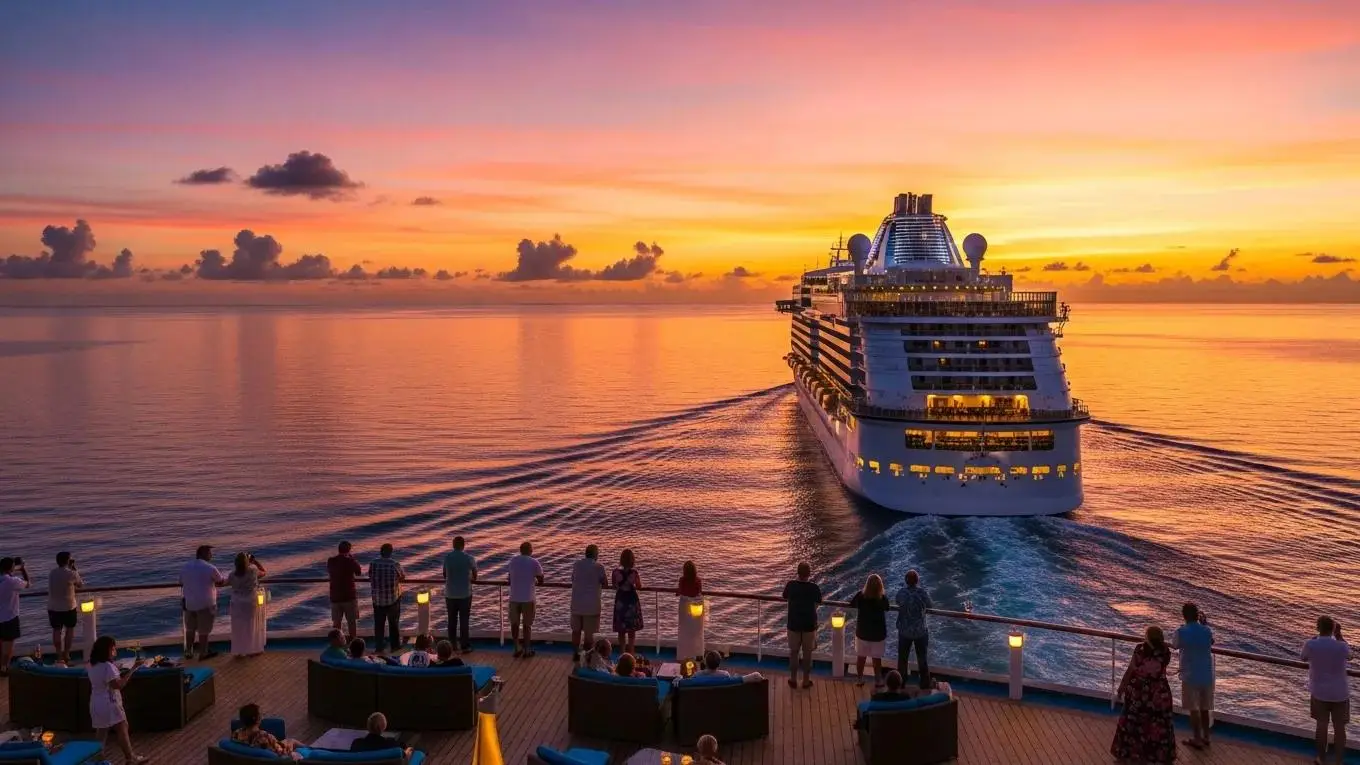 Luxury cruise ship at sunset, maritime journeys and potential cruise ship accident risks.