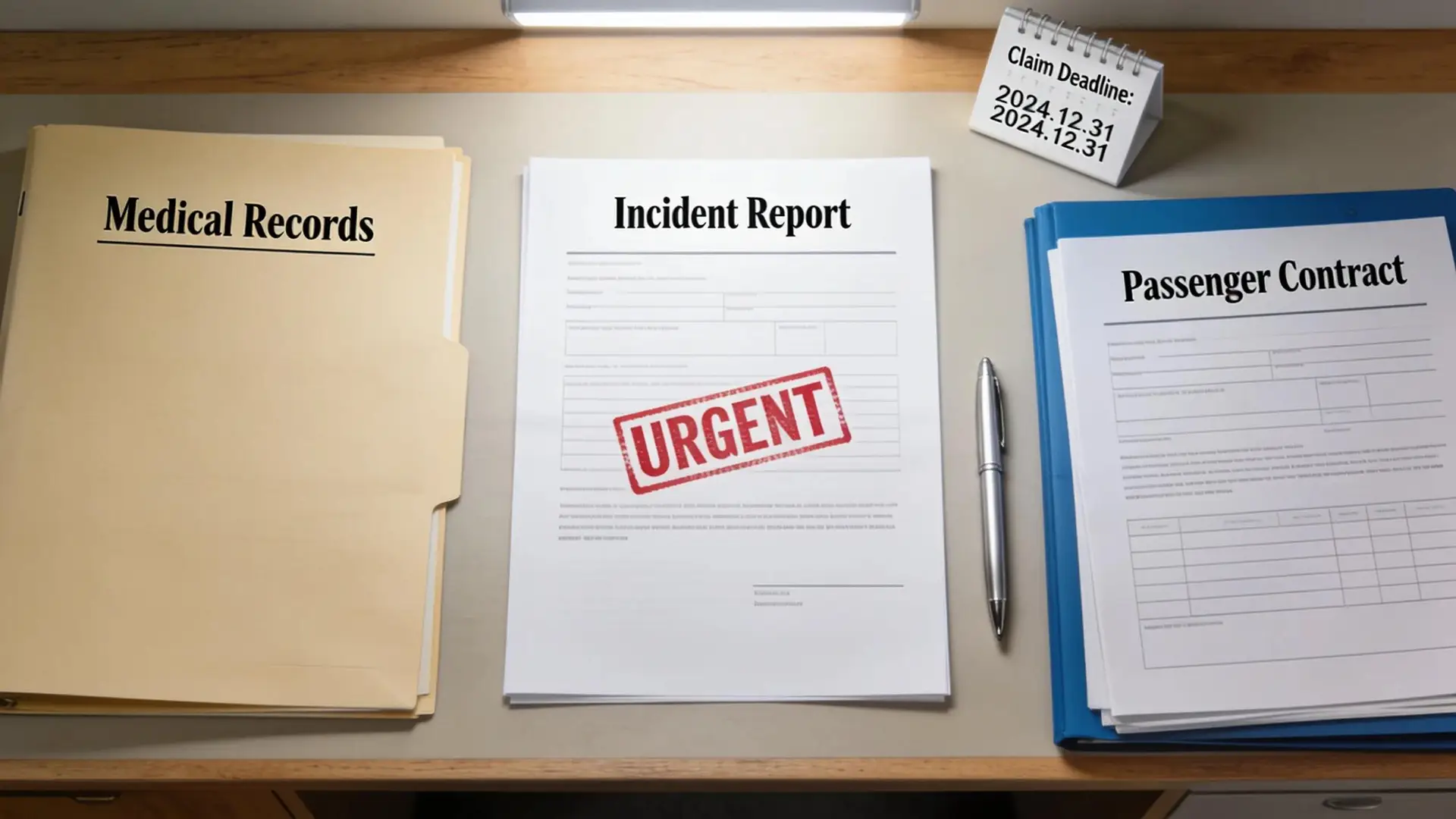 Medical records, incident report, and passenger contract documents for a cruise ship injury claim.