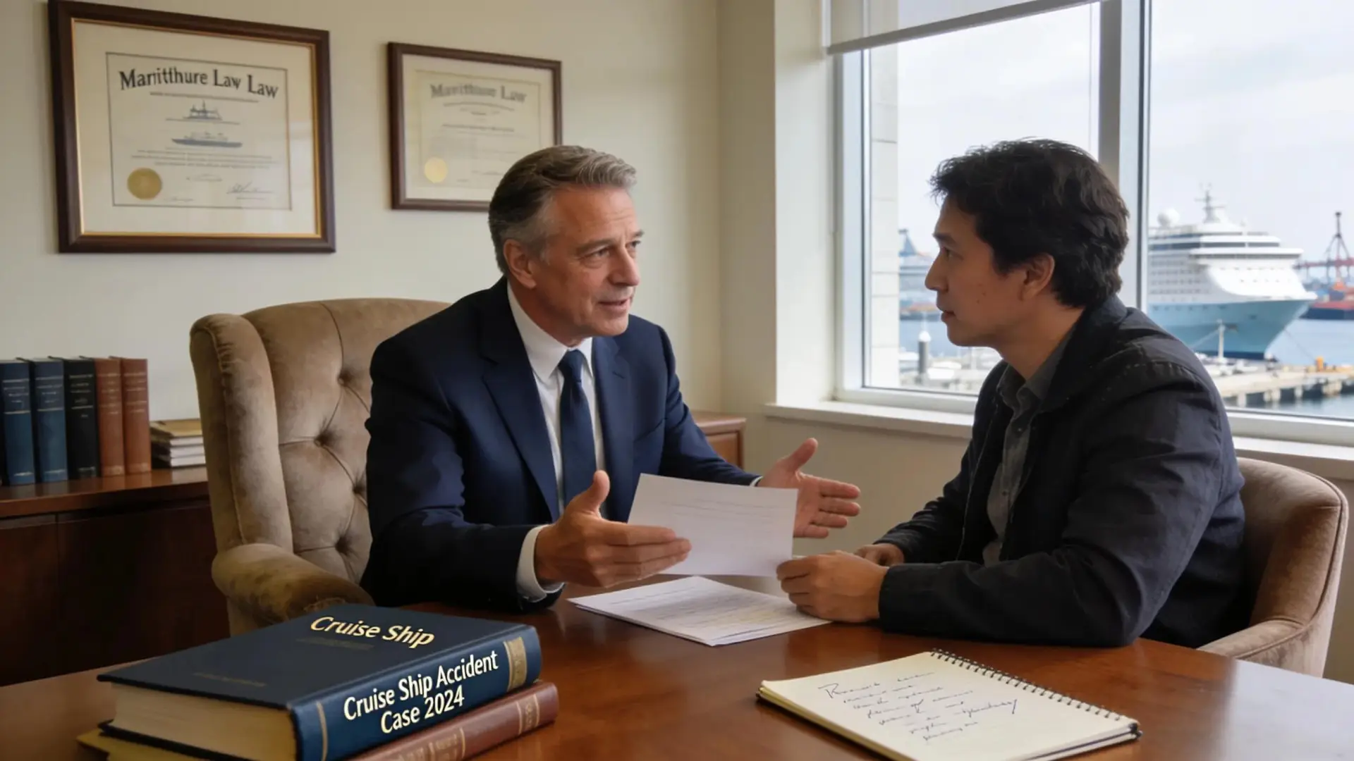 Maritime lawyer consulting with cruise ship accident client in Coral Gables office.