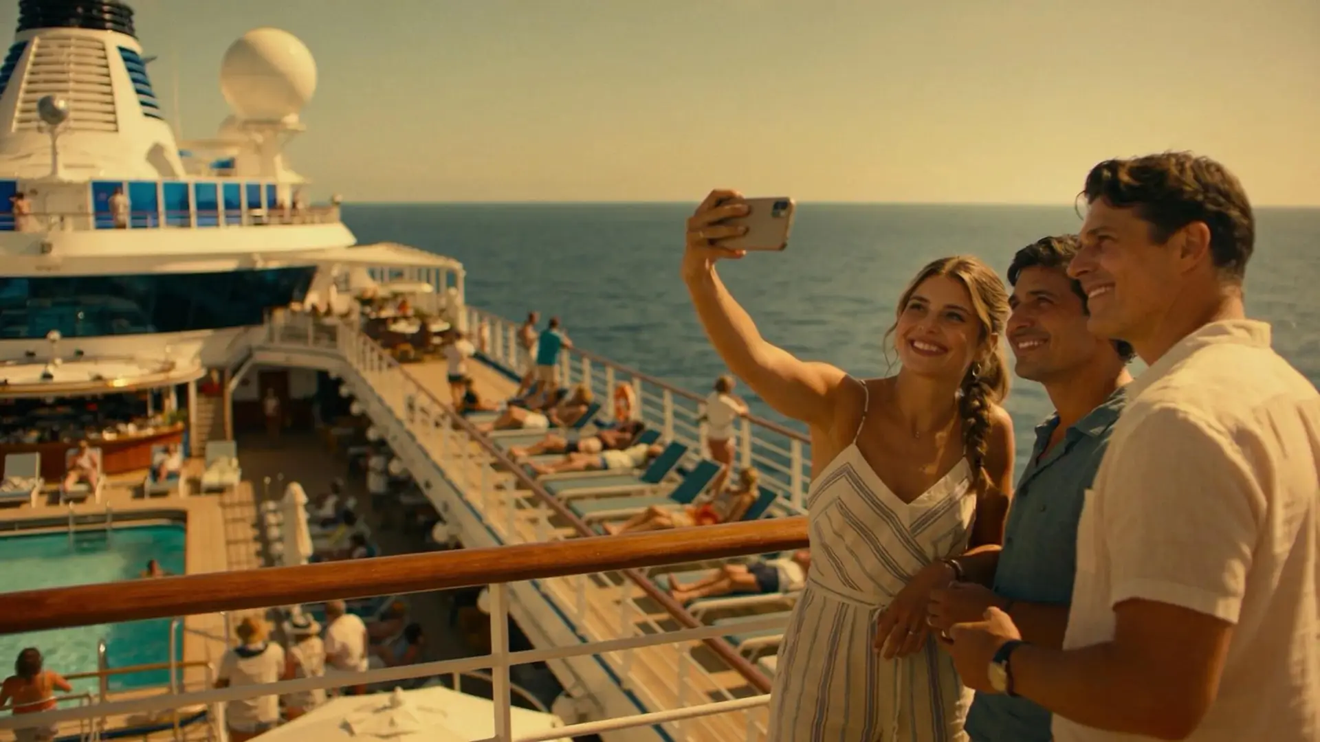 Couple taking selfie on cruise ship deck, illustrating cruise ship accidents and passenger rights.