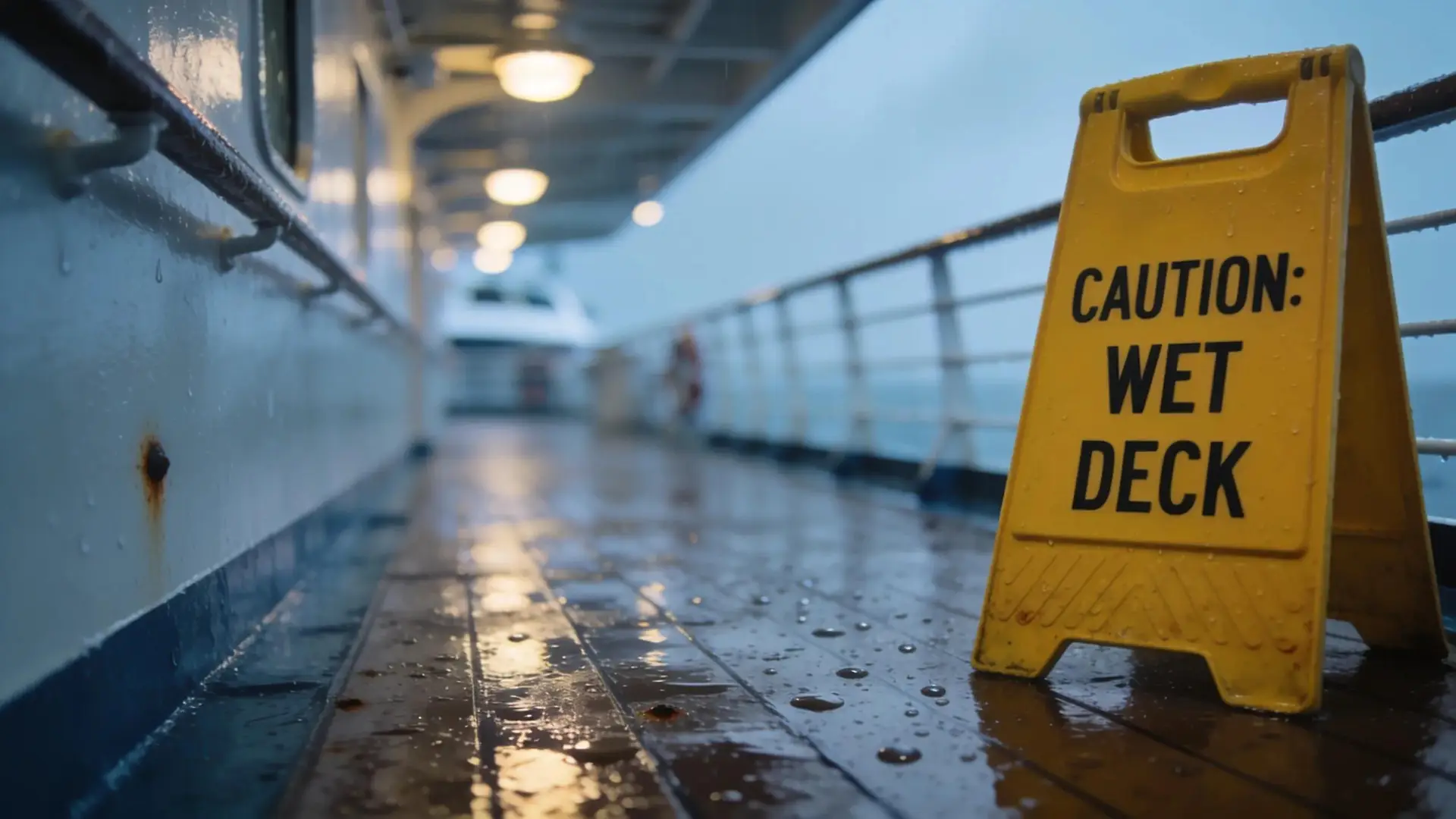 Wet cruise ship deck indicating the risks of injuries related to maritime incidents