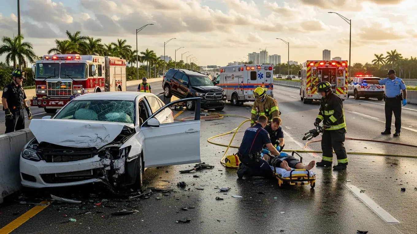 Emergency responders at a car accident scene in Miami, managing injury claims and providing medical assistance.