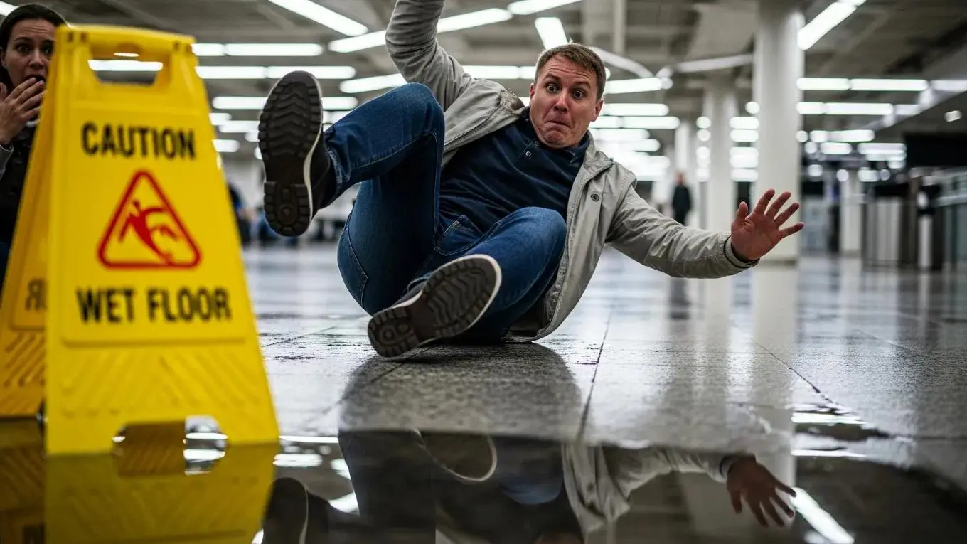 Man slipping on wet floor and caution sign illustrating slip and fall legal support.