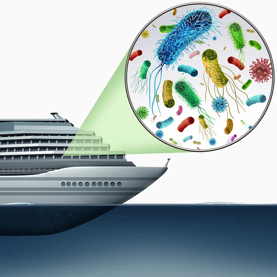 Cruise liner and bacteria illustration depicting gastrointestinal illness outbreaks at sea.