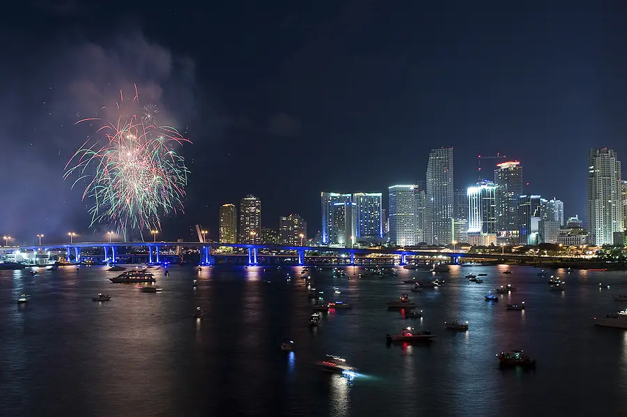 Fireworks over Miami skyline celebrating America's 250th birthday and 4th of July safety.