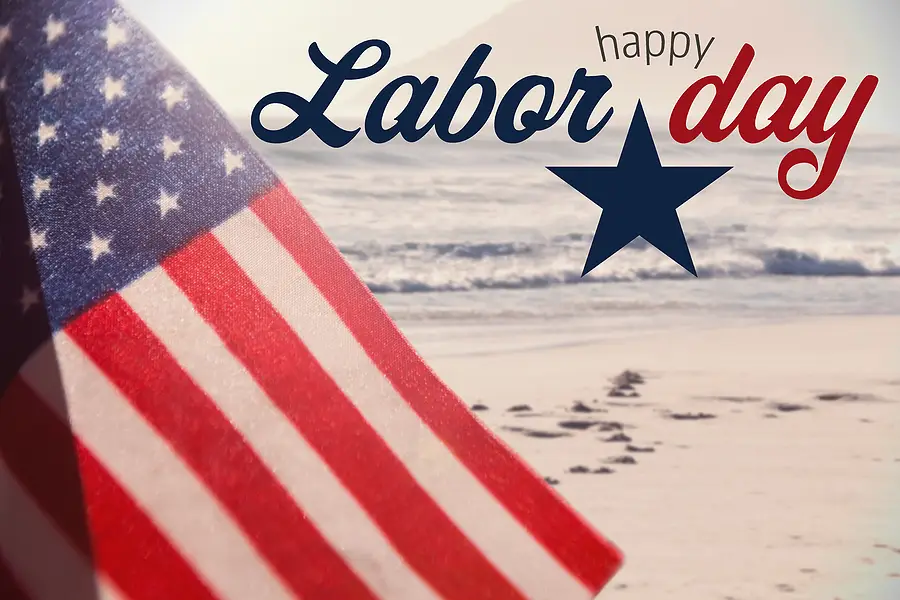 American flag and star with "Happy Labor Day" text, cruise ship safety tips.