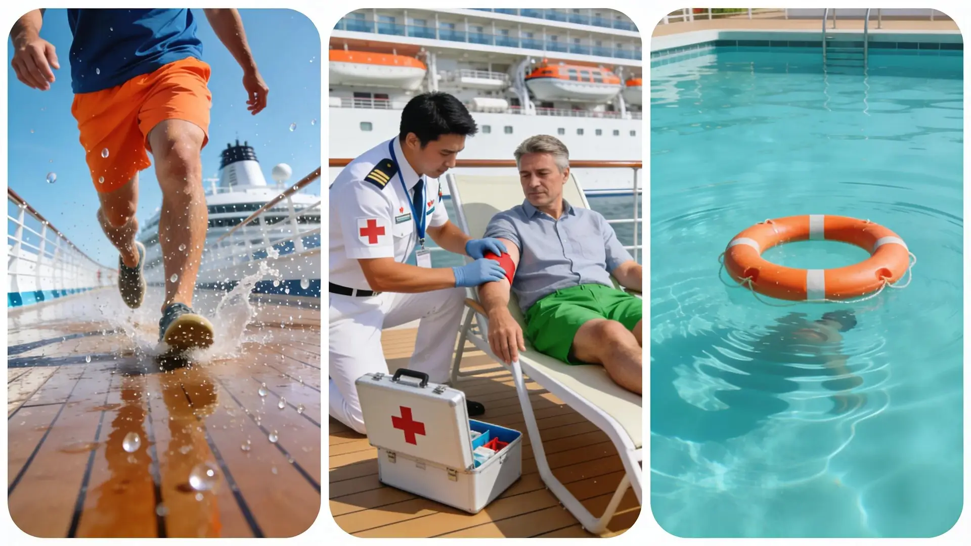 Collage of common injuries from cruise ship accidents including slips and medical issues