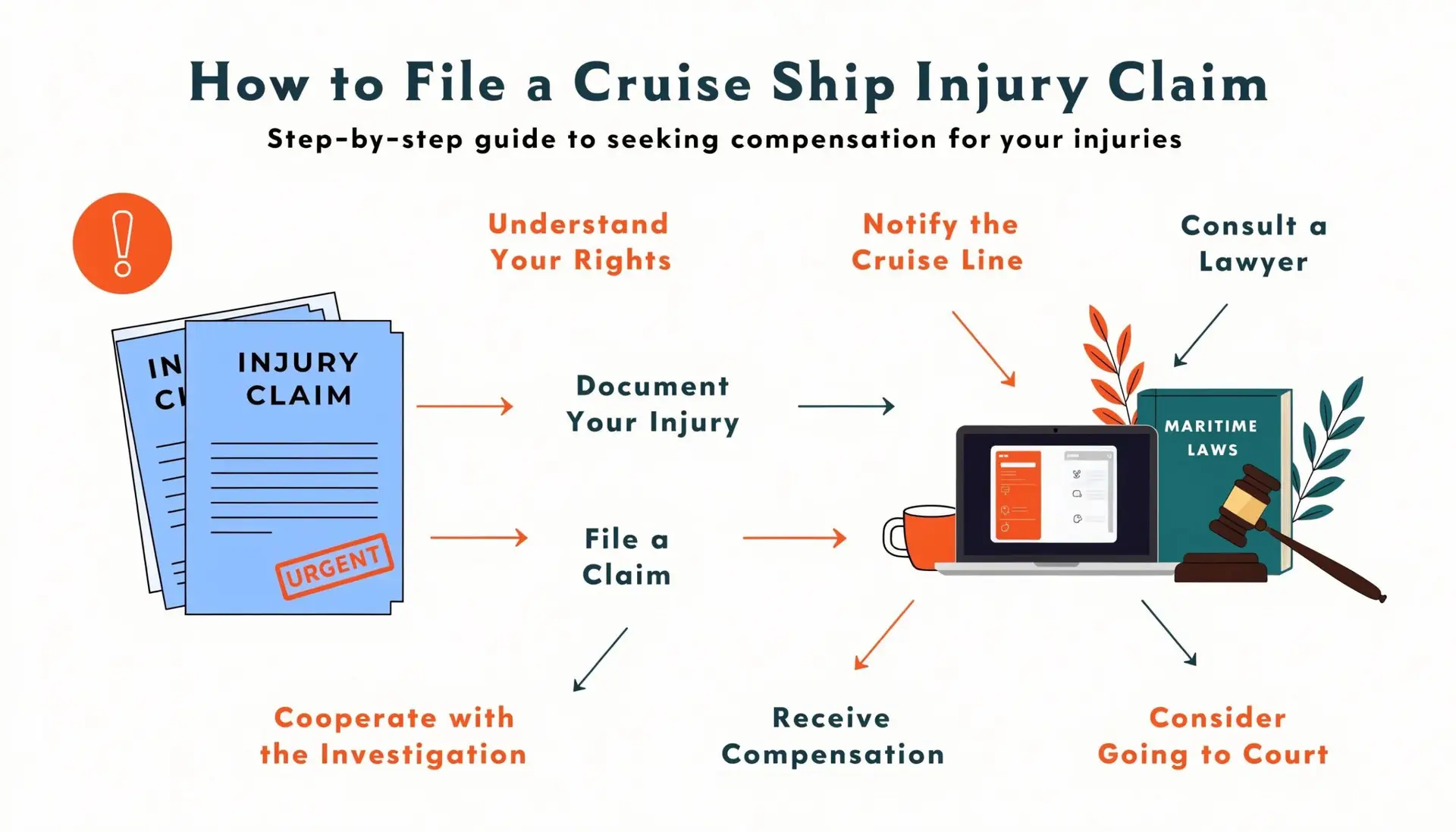 Step-by-step process chart for filing cruise ship injury claims