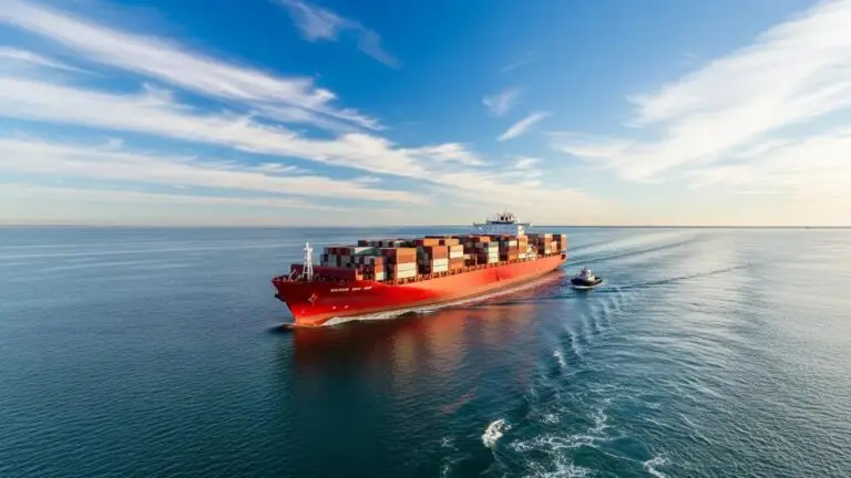 Cargo ship navigating calm waters, representing maritime law services and the Jones Act, assisting seafarers