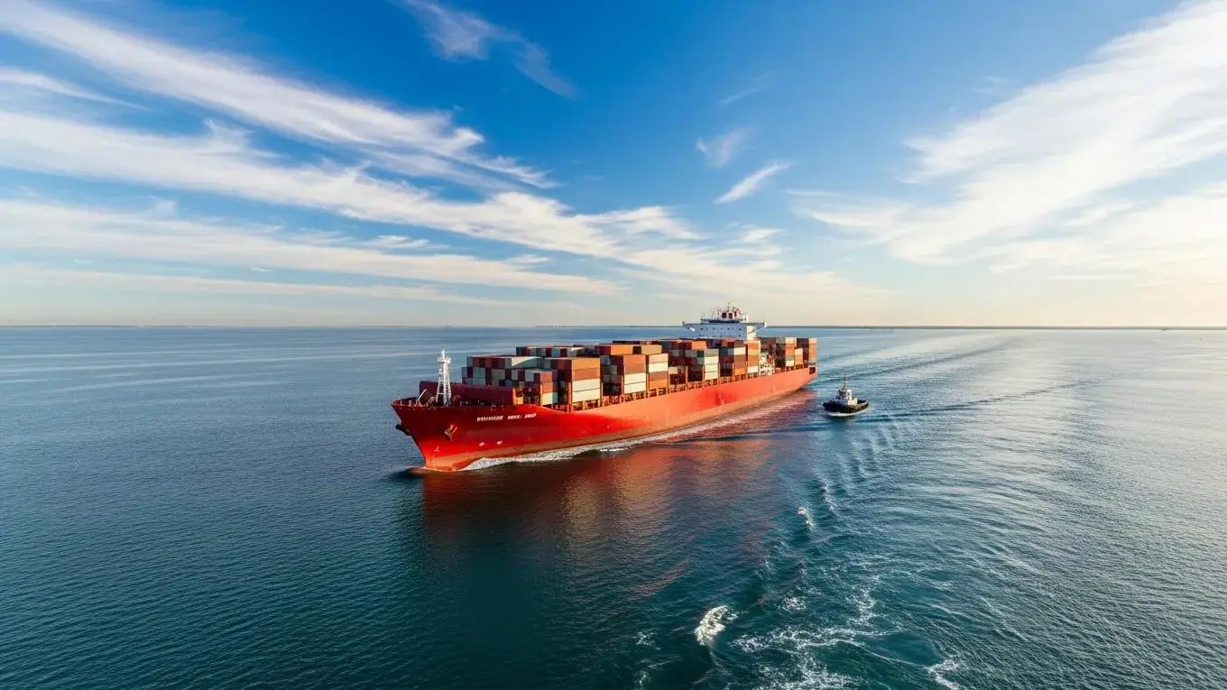 Cargo ship navigating calm waters, representing maritime law services and the Jones Act, assisting seafarers