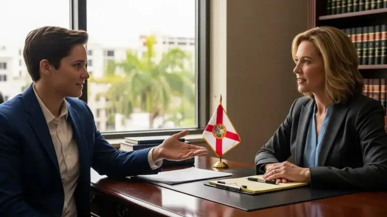 A lawyer and client discussing a personal injury claim in Florida, demonstrating legal consultation services