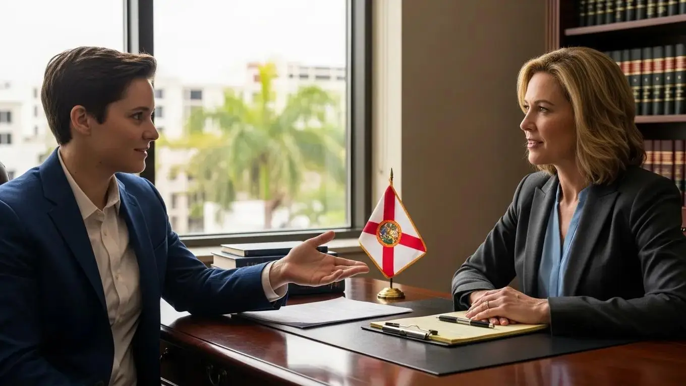 A lawyer and client discussing a personal injury claim in Florida, demonstrating legal consultation services