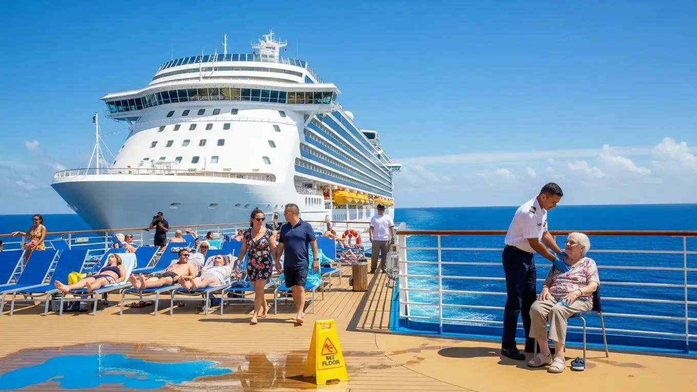 Large cruise ship sailing in clear blue waters, representing luxury vacations and potential injury risks
