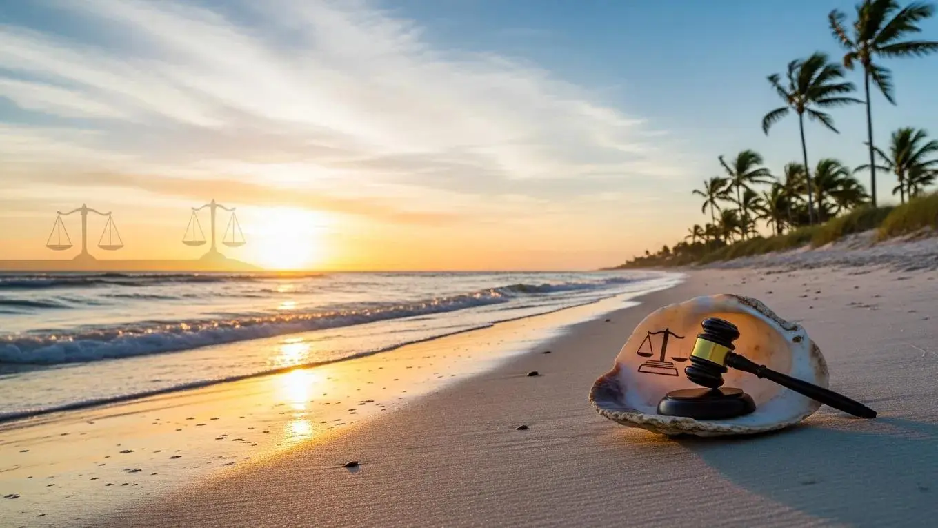 Gavel resting on a seashell at a Florida beach, symbolizing personal injury law and legal