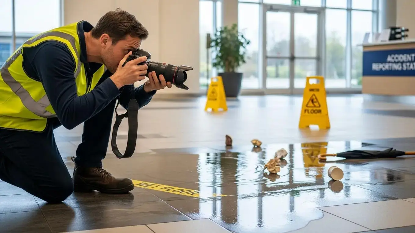 Individual documenting a slip and fall accident scene by taking photographs of hazards