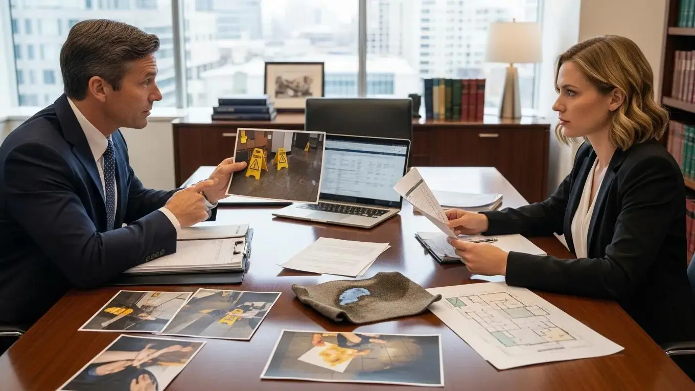 Lawyer and client reviewing evidence for maximizing compensation in a slip and fall case