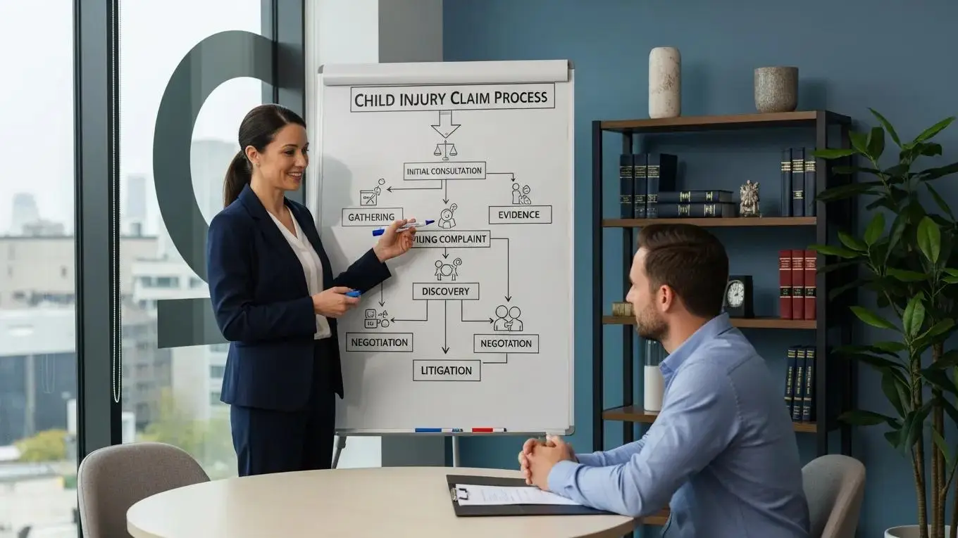 Lawyer explaining the legal process for child injury claims to a parent