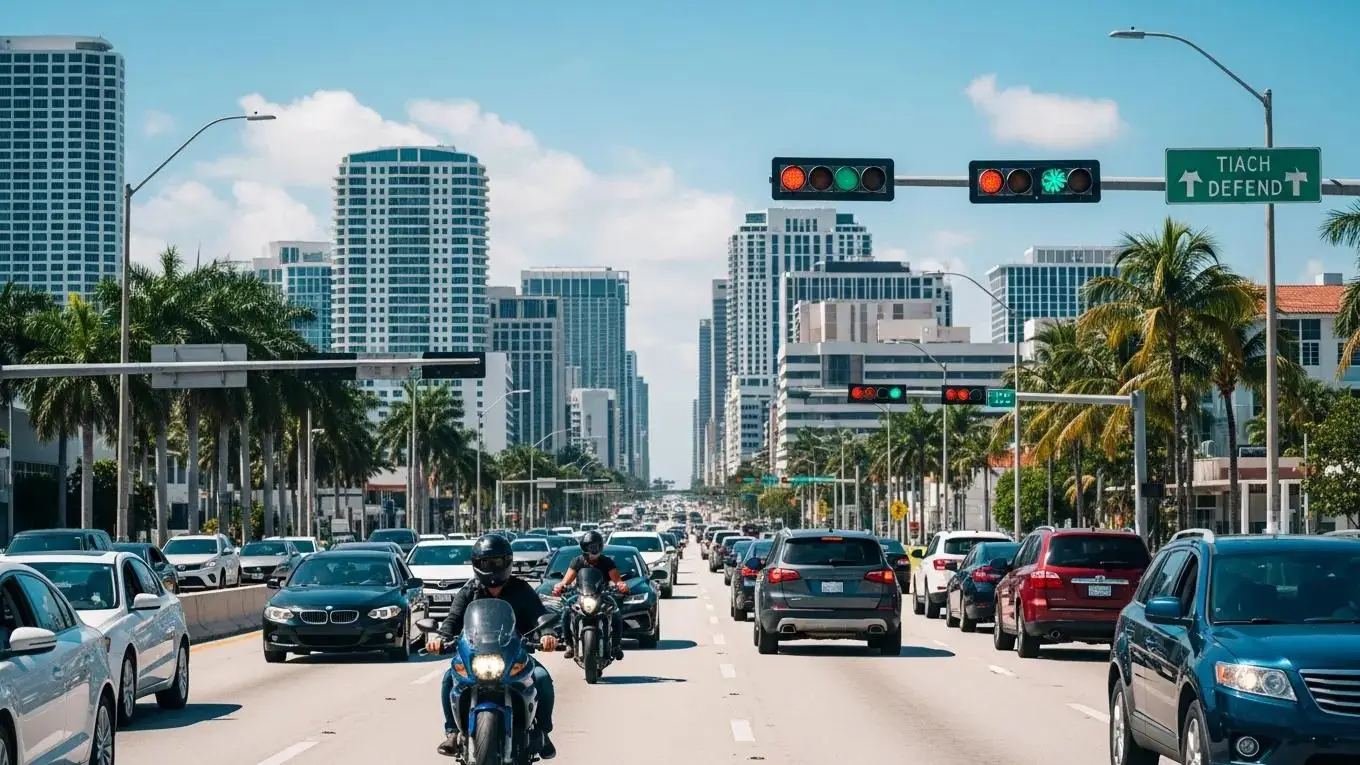 Miami cityscape with a busy road scene illustrating car and motor vehicle accidents, showcasing vehicles